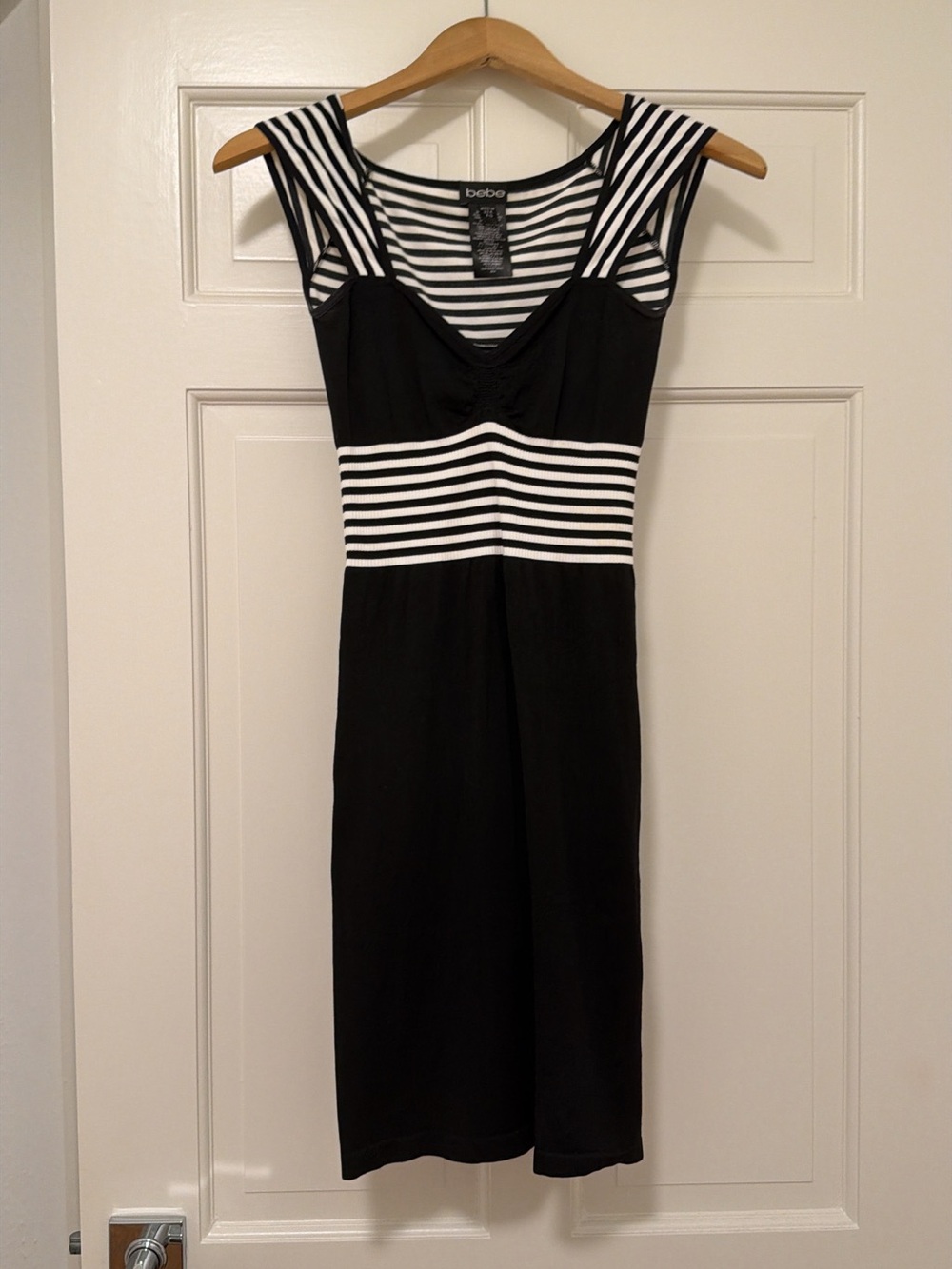 bebe Black and White Striped Waist Midi Dress!! Size: S